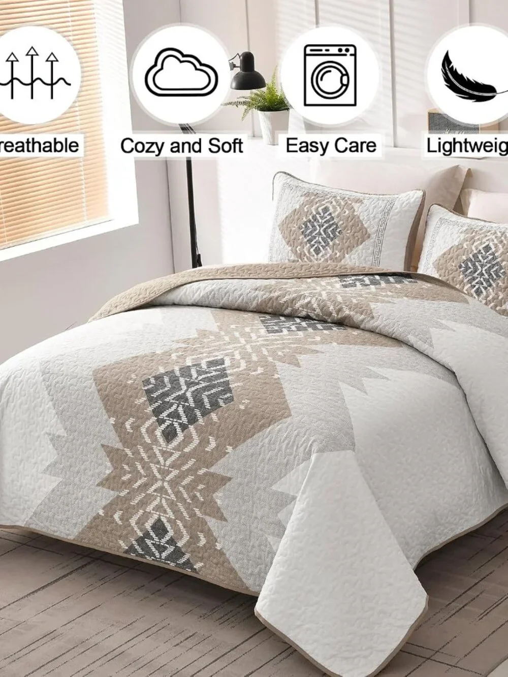Brown Boho Aztec Geometric Reversible Quilt Bedding Set